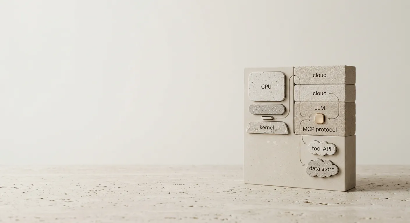 Architecture comparison diagram showing traditional CPU-centric OS stack versus model-centric LLM kernel stack with MCP as the interoperability layer