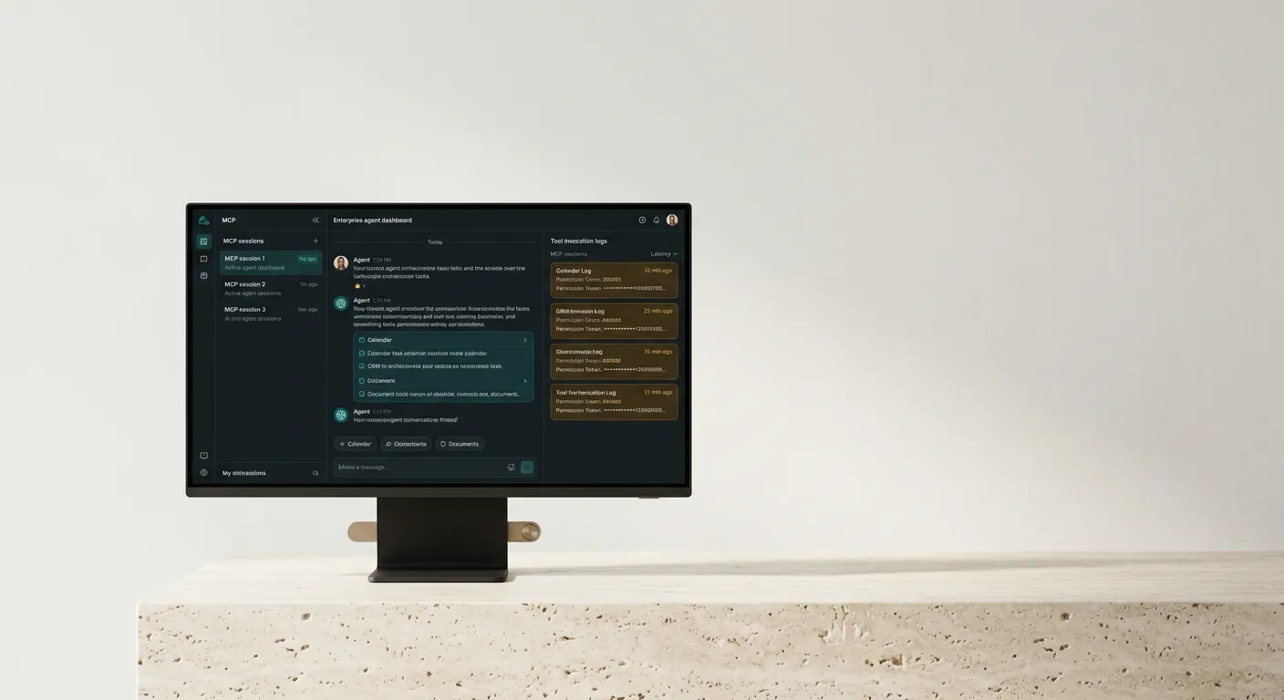 Enterprise agent dashboard mockup showing active MCP sessions, conversational orchestration, and real-time tool usage metrics