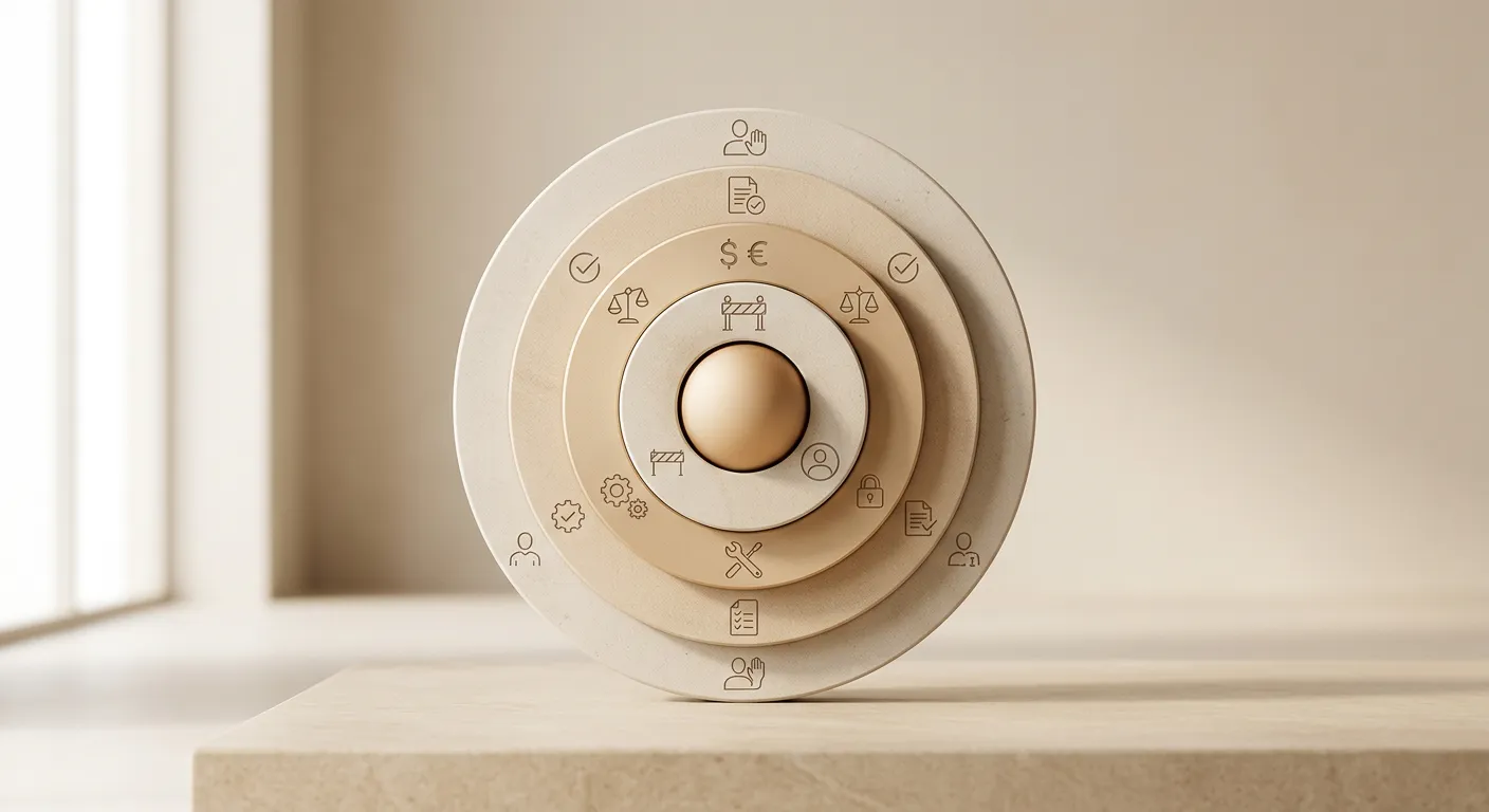 Five-layer agent guardrail architecture showing role, tool, spending, verification, and escalation boundaries