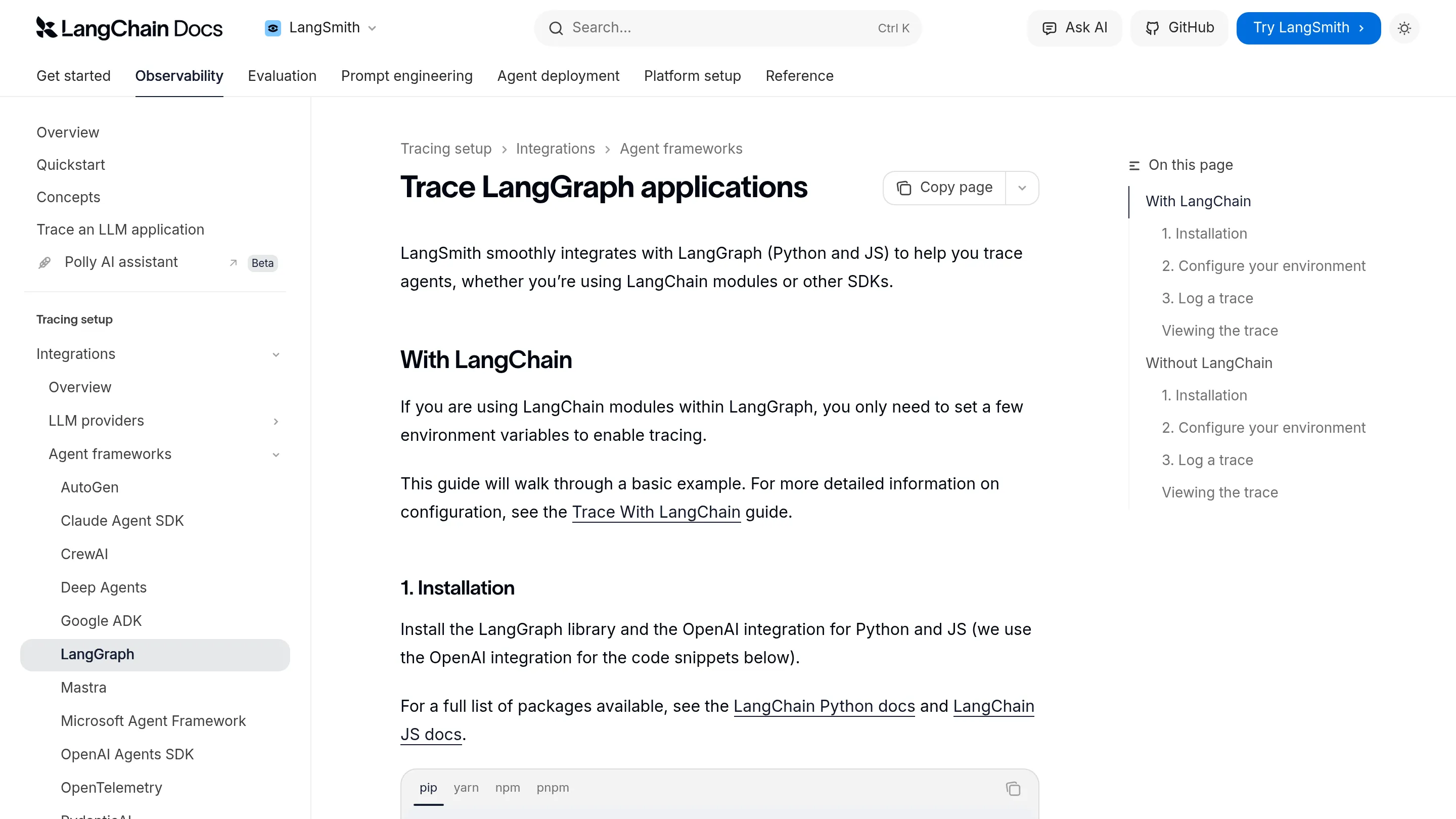LangSmith trace interface displaying multi-step LLM execution chain with latency metrics and debugging details