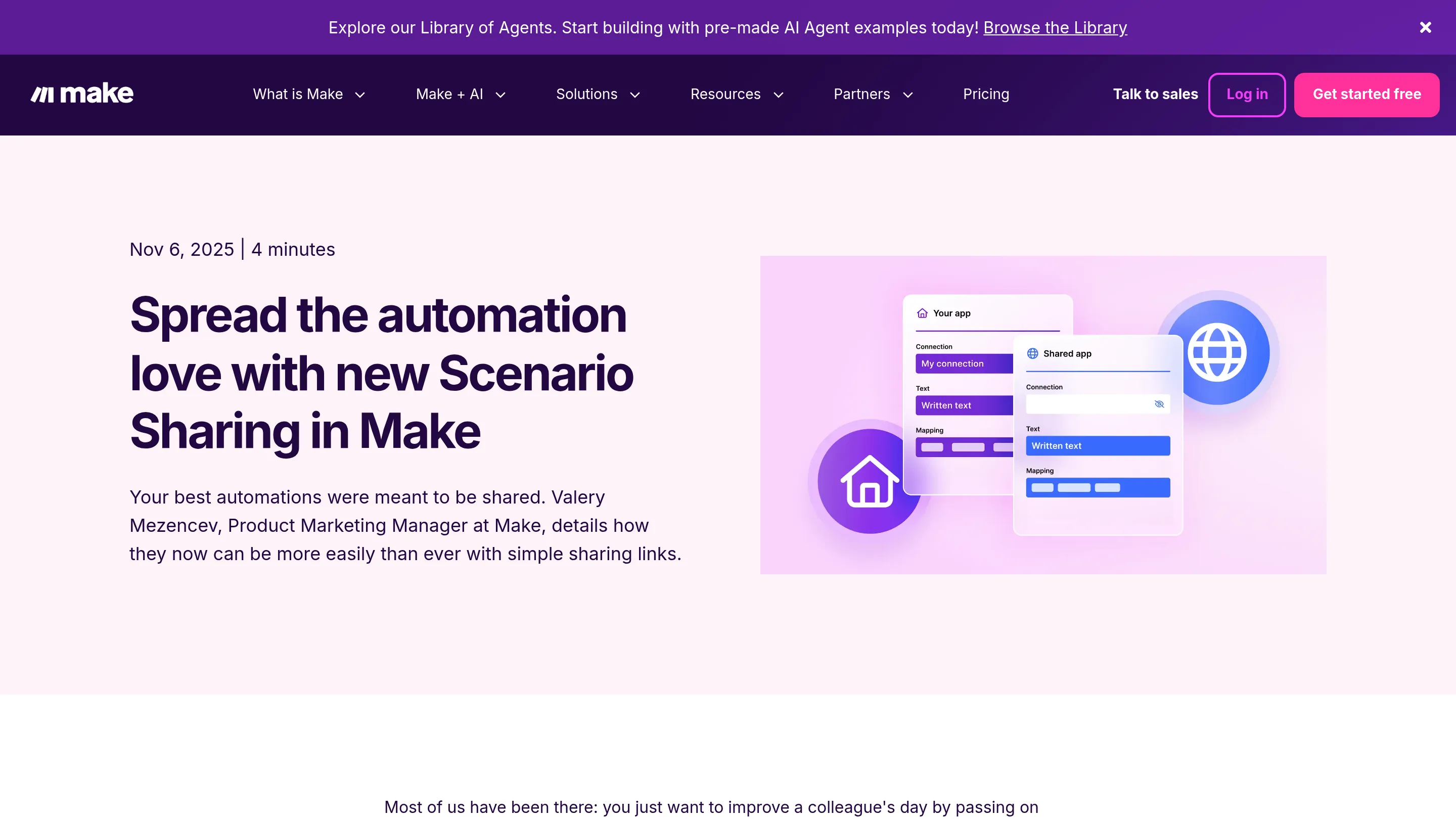 Make scenario-sharing interface showing reusable automation workflow modules connected in a visual pipeline