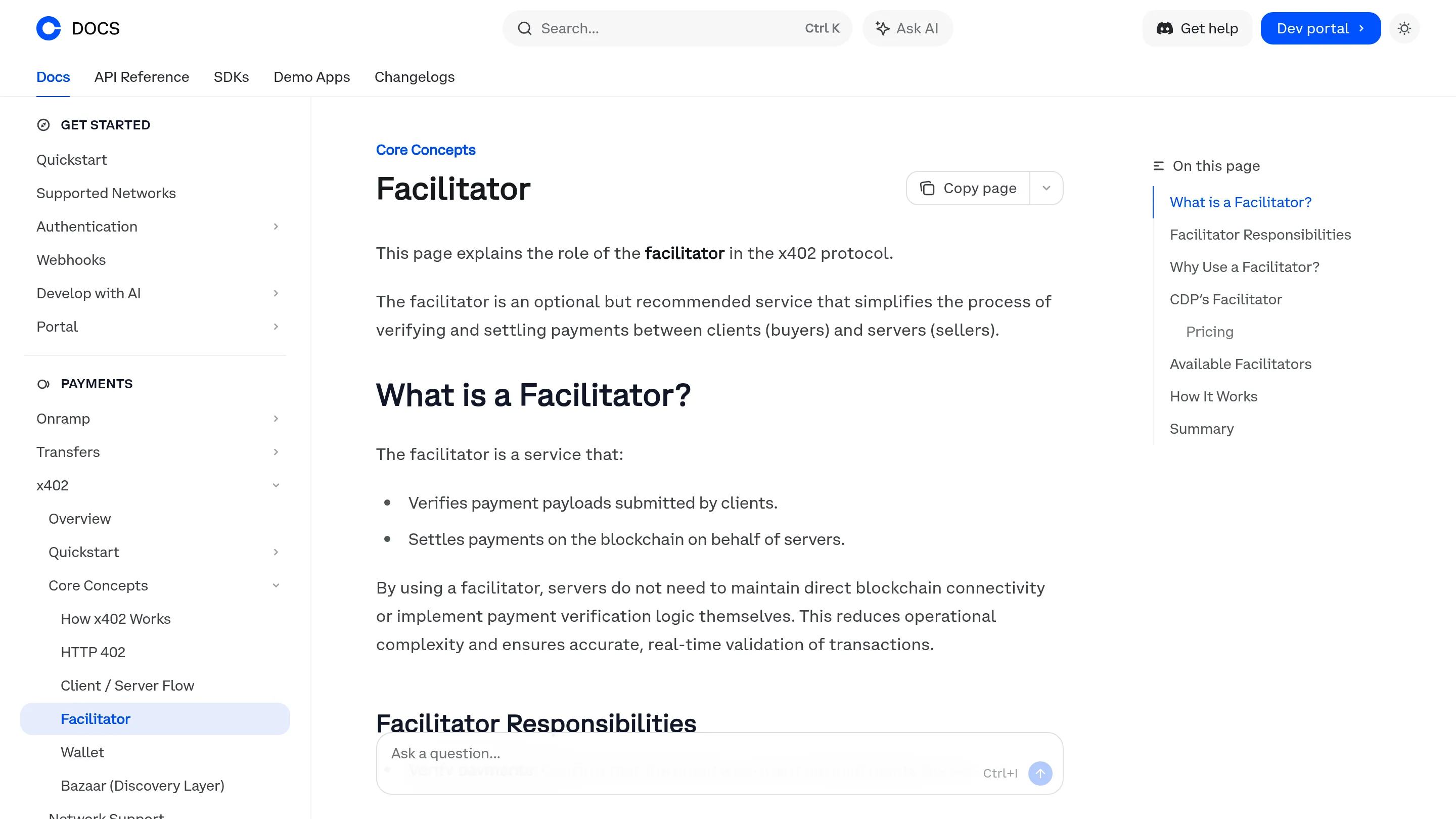 x402 protocol documentation page showing core concepts and facilitator architecture